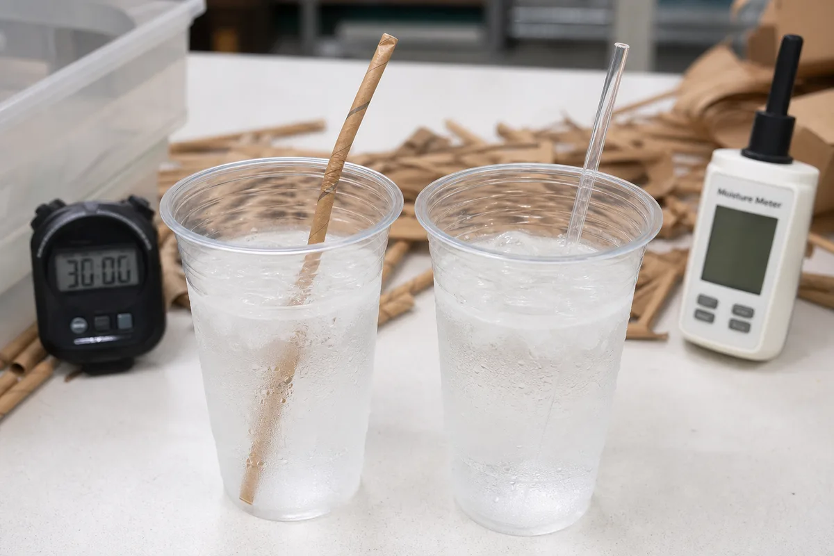 Cold drink dwell test comparing paper straw water resistance under real service conditions.