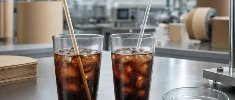 Paper straw standing in an iced beverage, used to compare real drink performance against plastic straws.