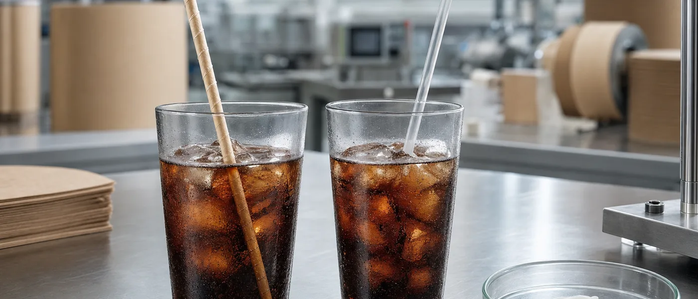 Paper straw standing in an iced beverage, used to compare real drink performance against plastic straws.