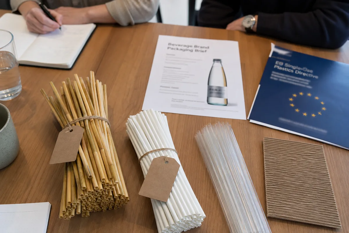 Beverage brand team reviewing paper and plastic straw samples against policy and sustainability requirements.