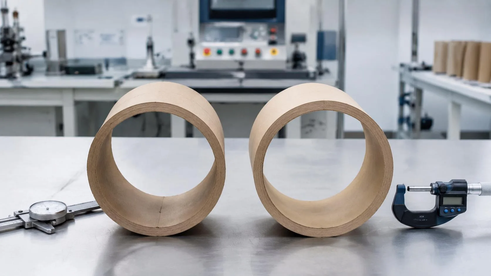 Side-by-side dimensional inspection of two paper tube core samples after production trials.