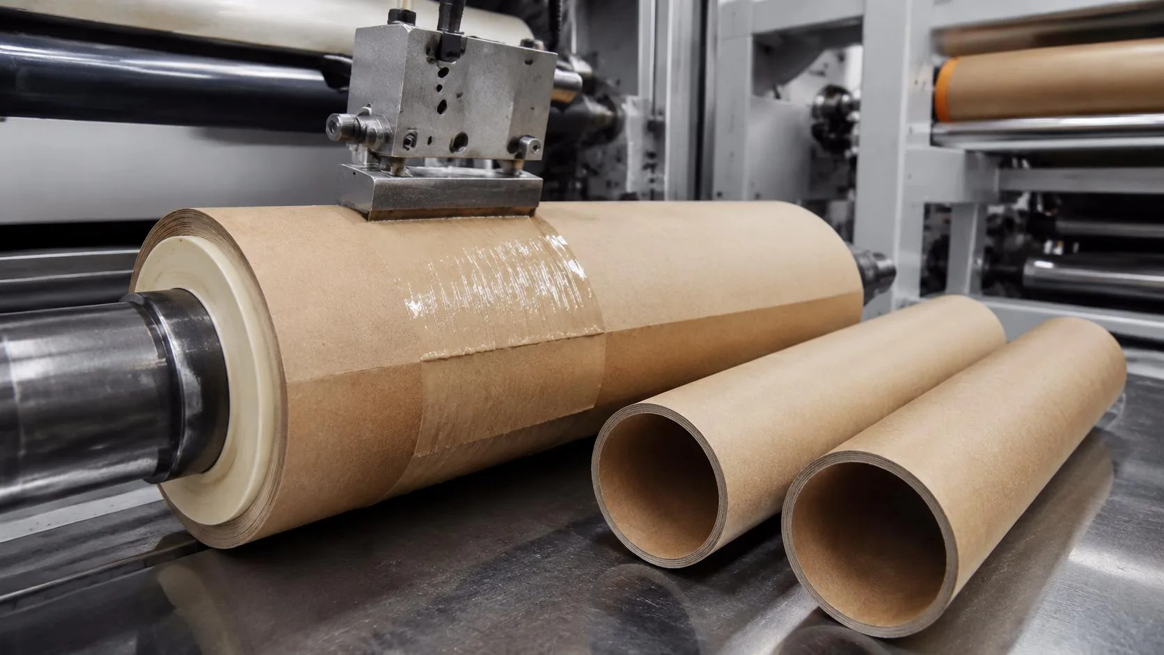 Paper tube winding trial with adhesive application and two finished core samples for comparison.