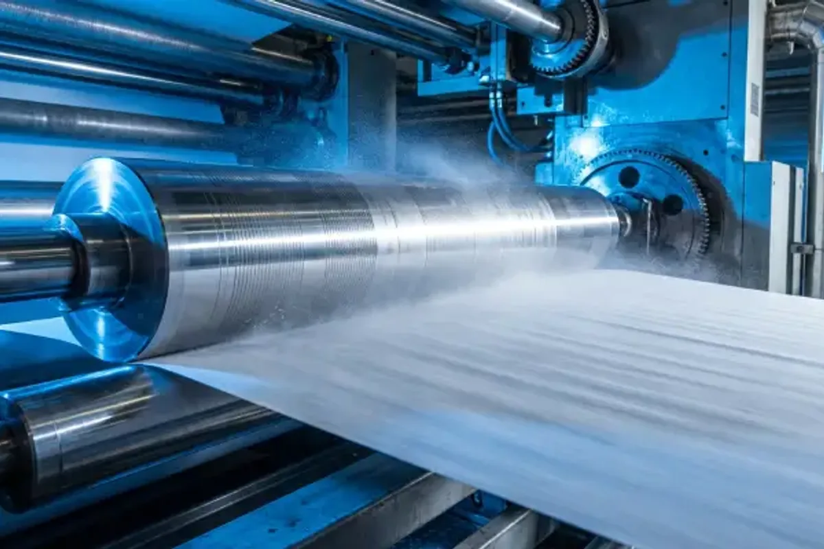 Aqueous barrier coating applied across a paper web on an industrial converting line.