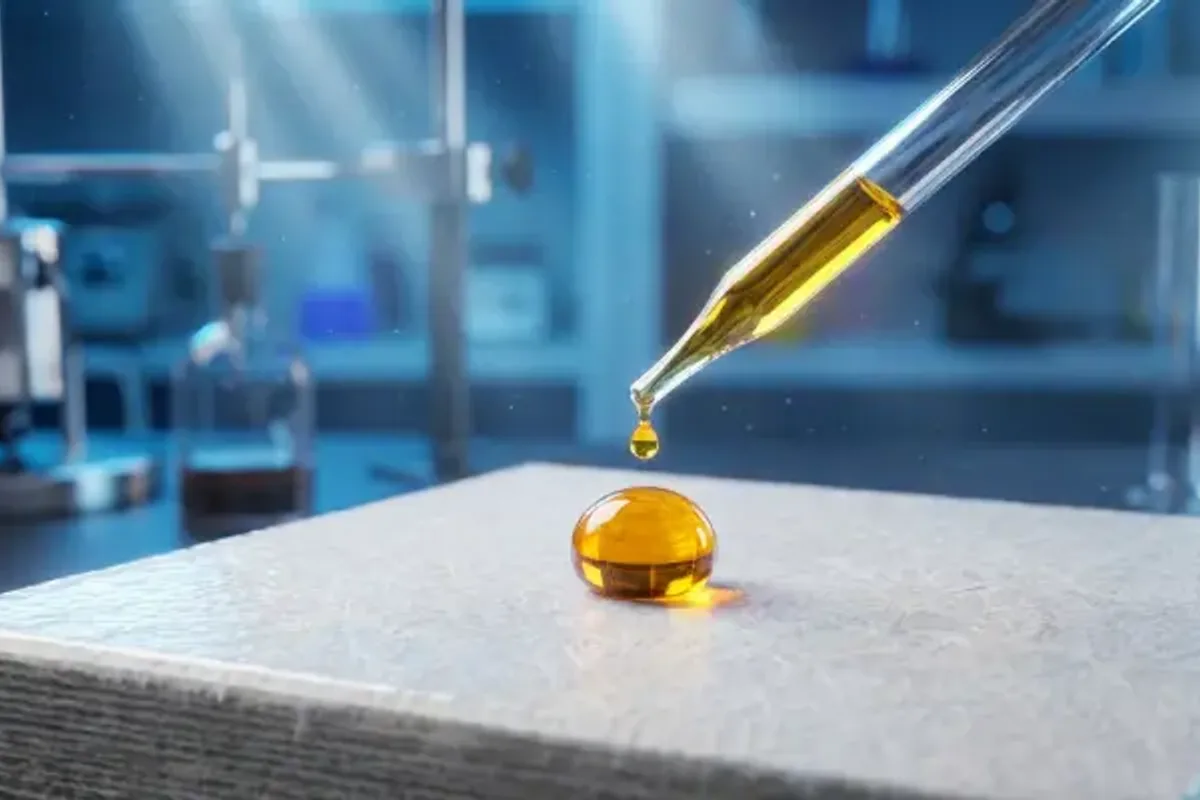 Amber oil droplet on coated paper during PFAS-free Kit 12 barrier screening.