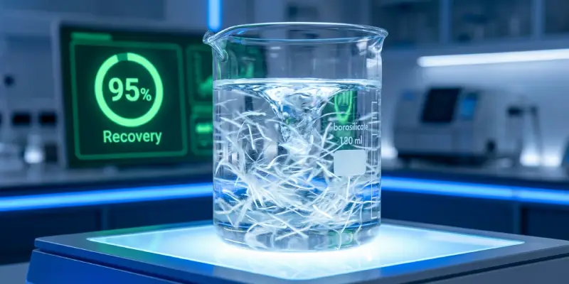Recovered paper fibers in a beaker during recycling fiber-recovery testing.