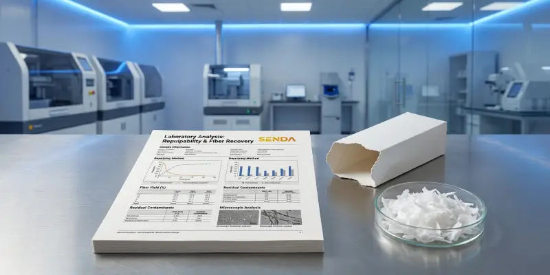 Repulpability test report beside paper packaging samples and recovered fibers.
