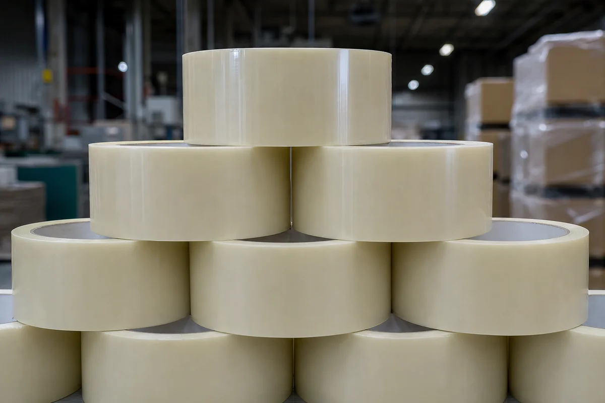 Finished specialty tape rolls with clean edges and no adhesive ooze after storage.