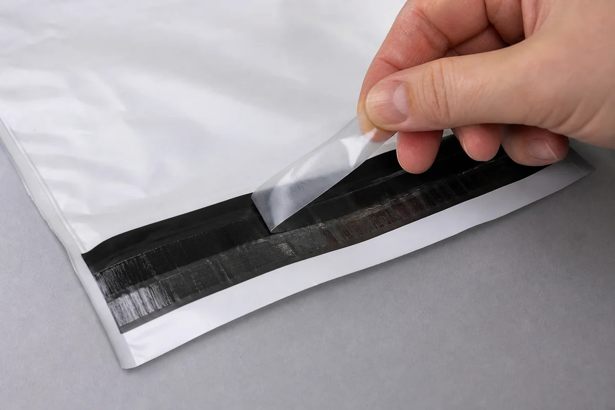 Pressure-sensitive adhesive strip on white polyethylene courier mailer film.