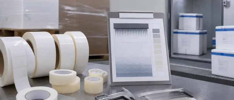 Engineer reviewing pressure-sensitive adhesive selection criteria for bottle labels and logistics label stock on a converting line.