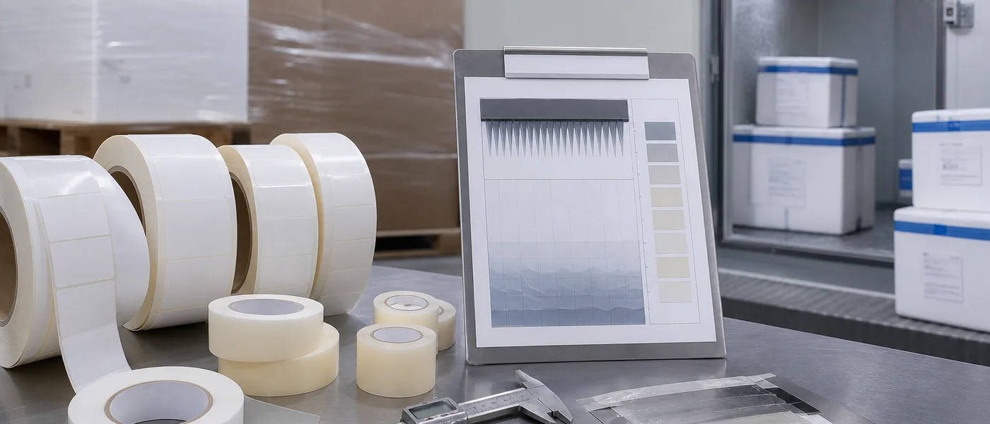 Engineer reviewing pressure-sensitive adhesive selection for label and tape converting.