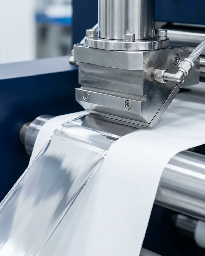 Slot-die coater applying a uniform micro-thin PSA layer on label facestock for logistics and specialty tape programs.