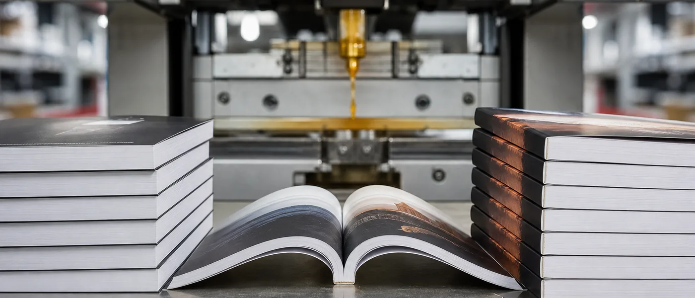 PUR hot melt being applied to a book spine on a perfect binding line with precise nozzle laydown.