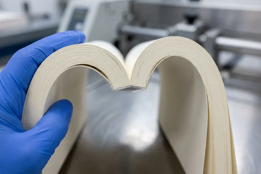 Labor spine-flex test comparing PUR and EVA perfect-bound book blocks.