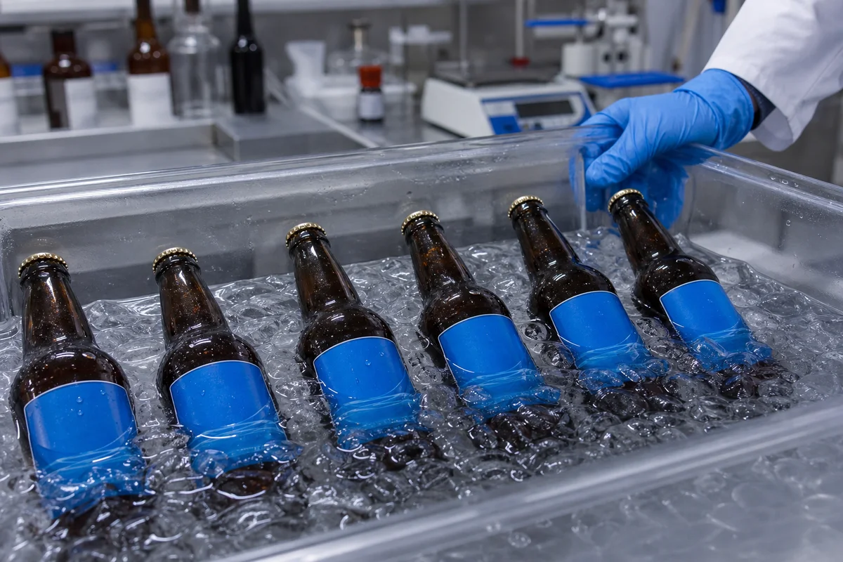 Ice-bucket submersion test with labeled beverage bottles demonstrating label holdout in cold water.