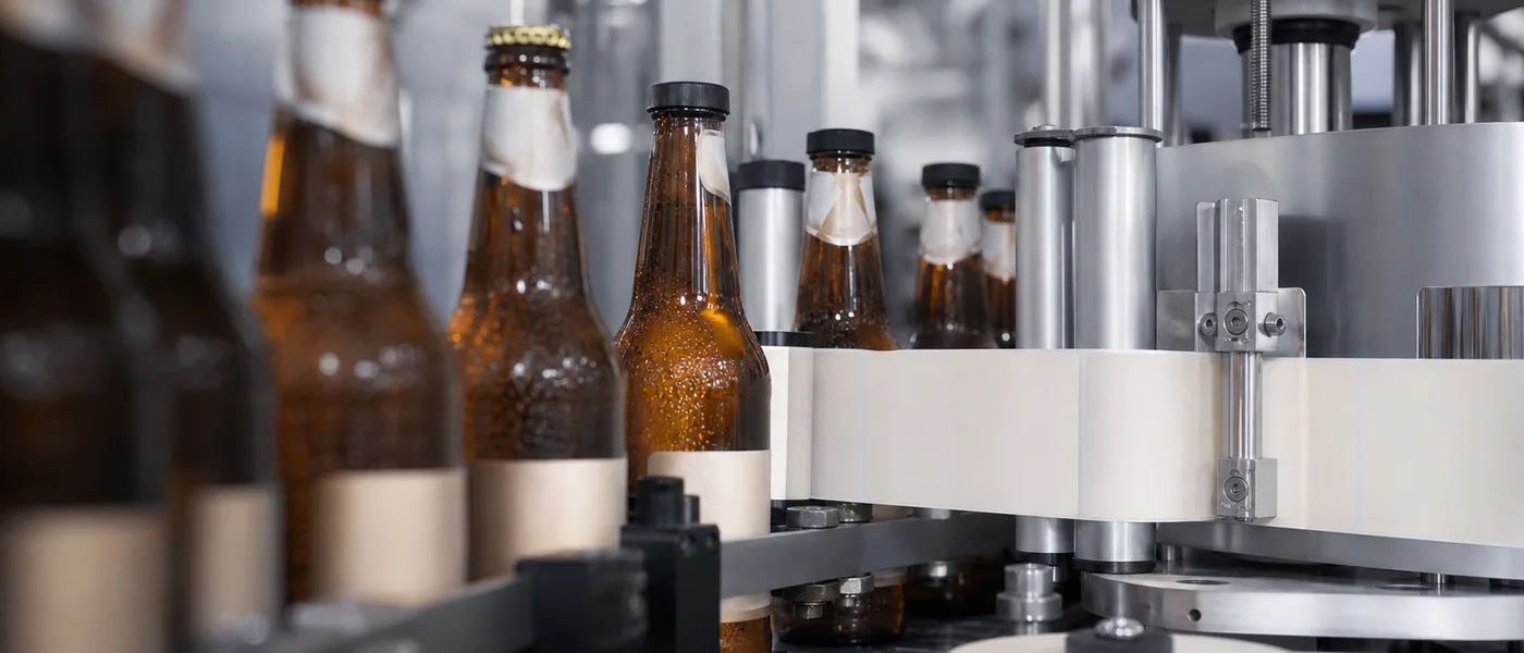 High-speed rotary bottle labeler applying a paper label to cold amber glass bottles with condensation on a beverage line.