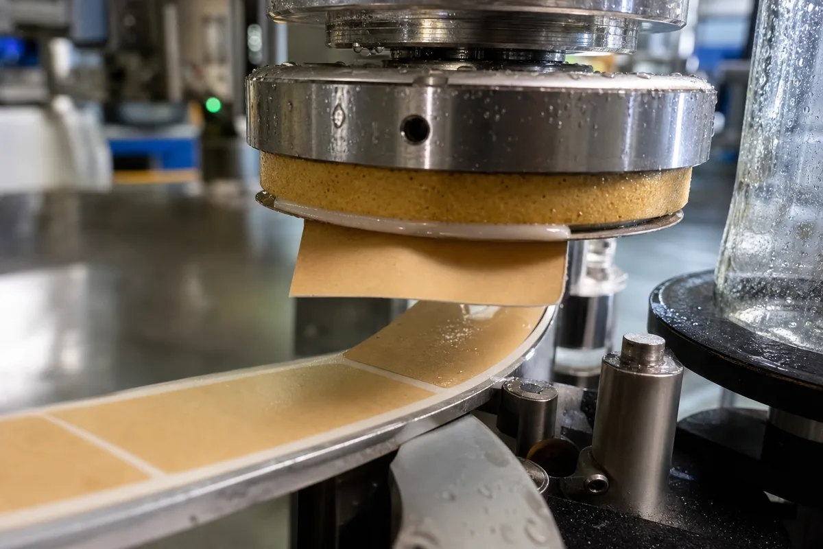 Close-up of milky-white labeling adhesive on a rotary labeler pallet picking up a paper label for a cold glass bottle.