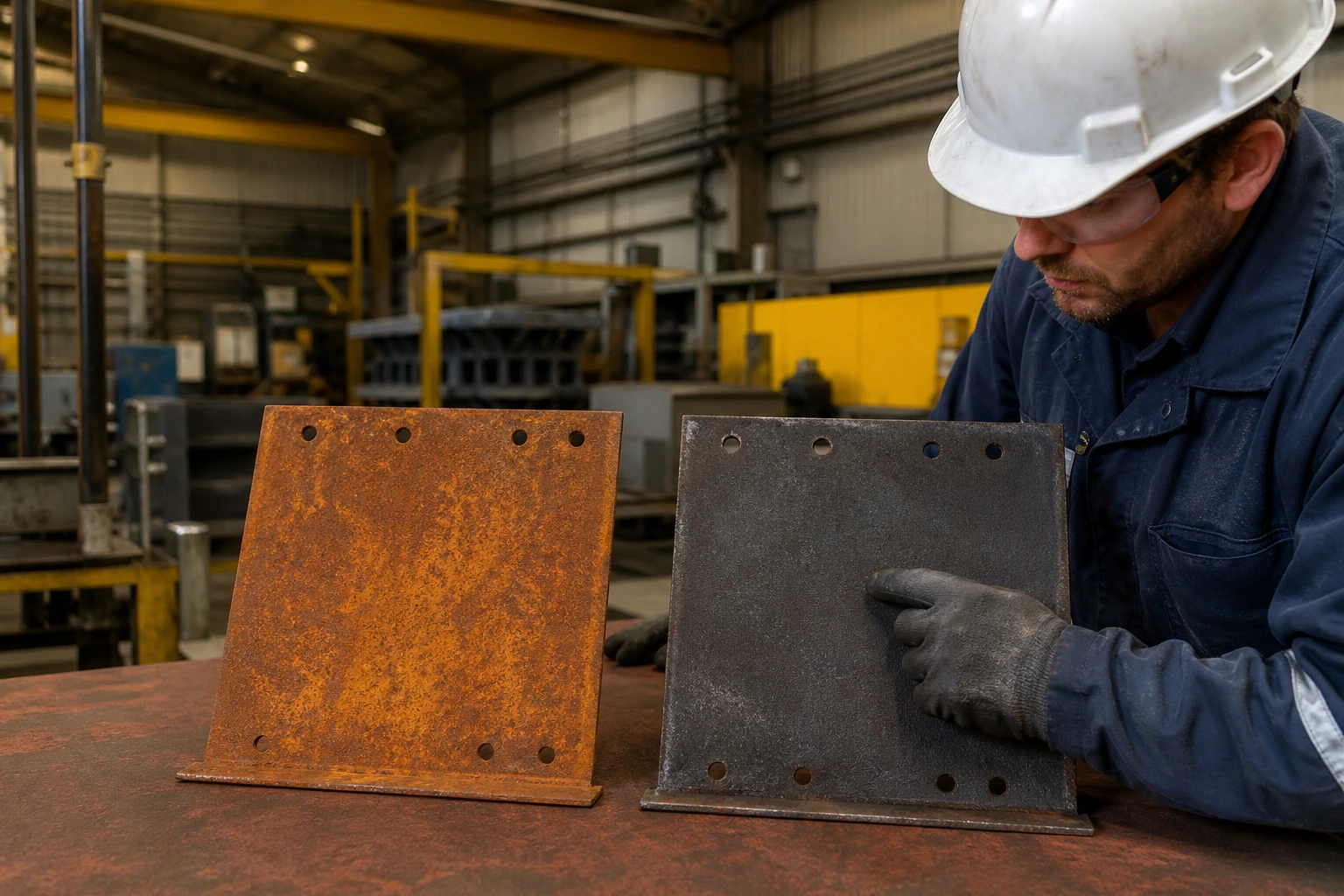Steel panels compared before rust conversion, after conversion, and before primer handoff.