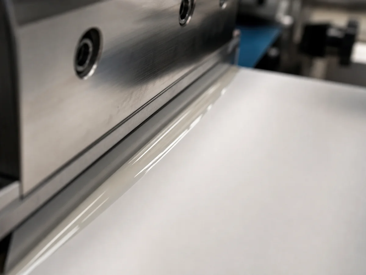 Slot-die applying uniform micro-thin PSA coat on direct-thermal label stock.