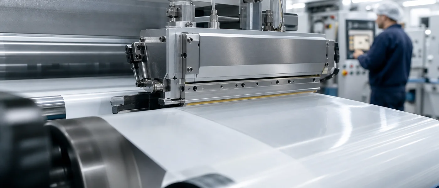 High-speed slot-die coater applying a micro-thin layer of clear pressure-sensitive adhesive to label face stock.