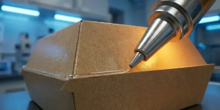 Buse appliquant de l'adhésif sur une barquette alimentaire en fibre moulée sans PFAS.