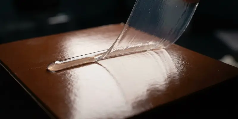 Peel test showing clean adhesive lift without fiber tear on coated packaging board.