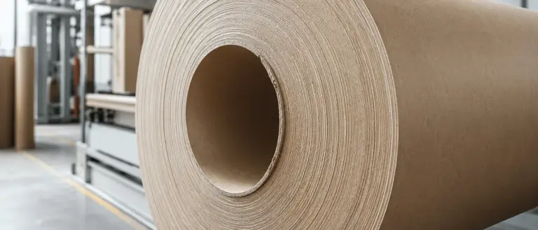 Large multi-ply kraft paper roll inside a paper converting plant.