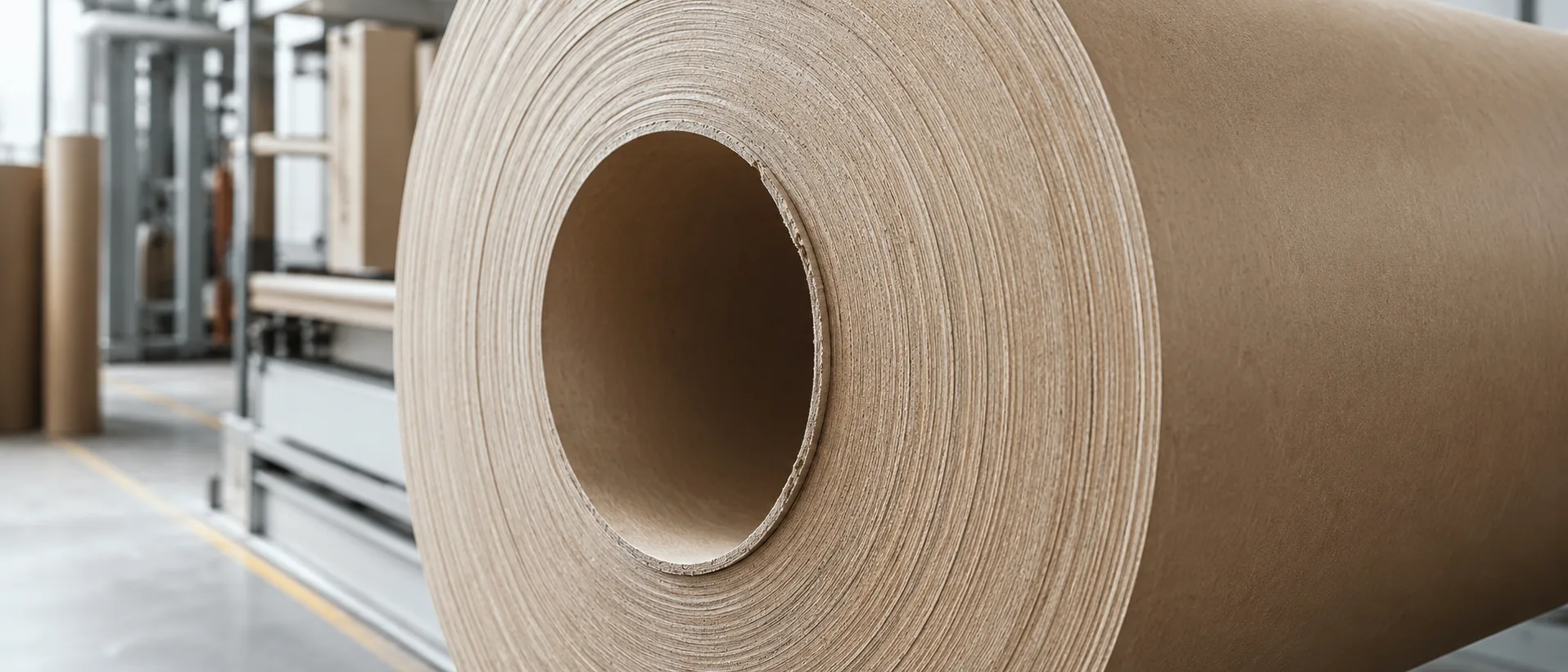 Große mehrlagige Kraftpapierrolle in einem Papierverarbeitungswerk.