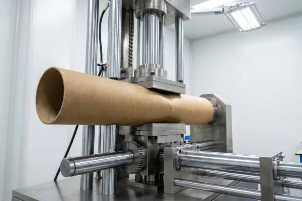 Paper tube core crush strength test in a quality control laboratory.