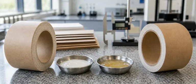 Paper tube core samples and adhesive bowls in a lab comparing starch-based and PVA winding chemistry.