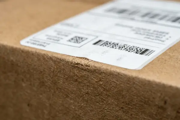 High-tack shipping label on recycled corrugated maintaining barcode readability.