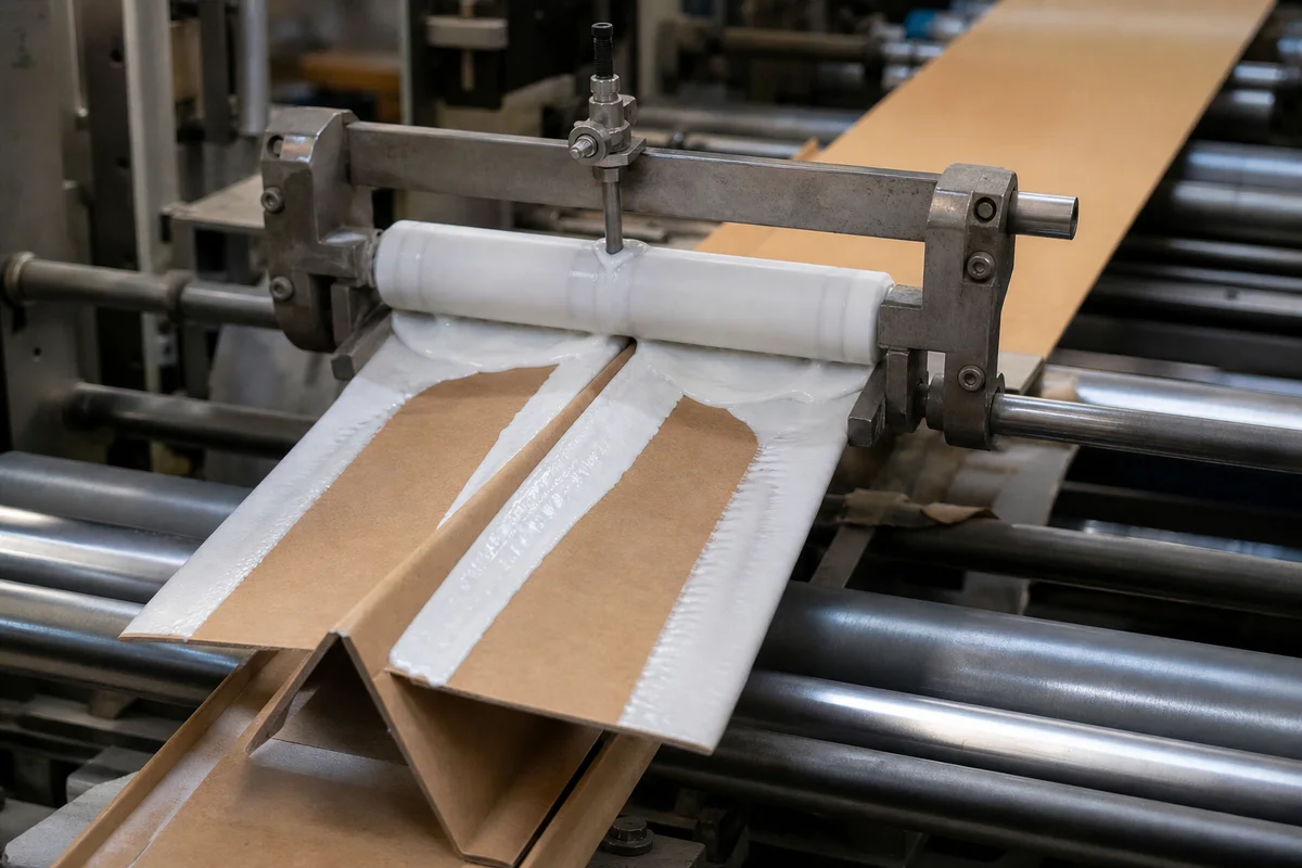 High-speed lamination of multi-ply paper edge protectors on an industrial converting line.
