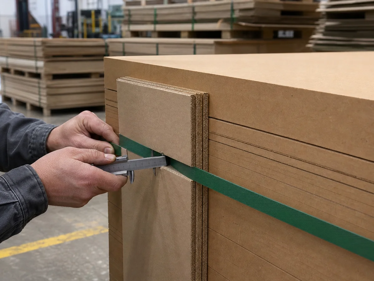 Pallet strapping tension test on laminated V-board edge protectors checking for ply delamination.