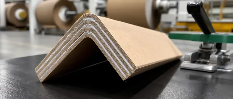 Cross-section of high-stiffness V-board edge protector showing multi-ply lamination with milky-white adhesive bond lines.
