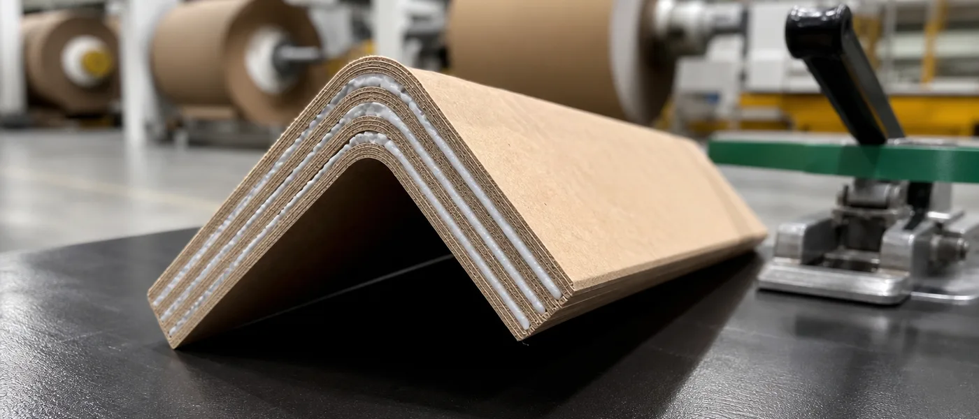 Cross-section of high-stiffness V-board edge protector showing multi-ply lamination with milky-white adhesive bond lines.