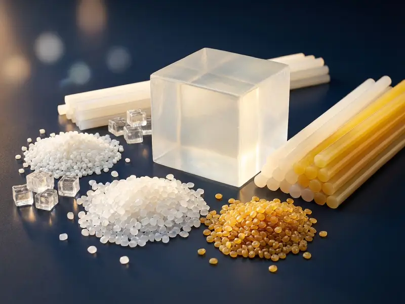 Assortment of hot-melt granules, blocks, and sticks.
