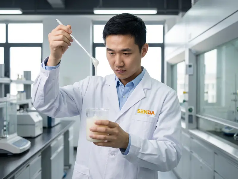 Senda R&D engineer performing quality control and viscosity testing on water-based adhesive samples.