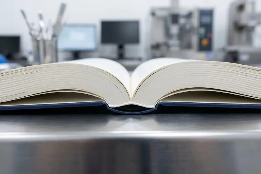 Lay-flat perfect-bound book block before casing or packaging.