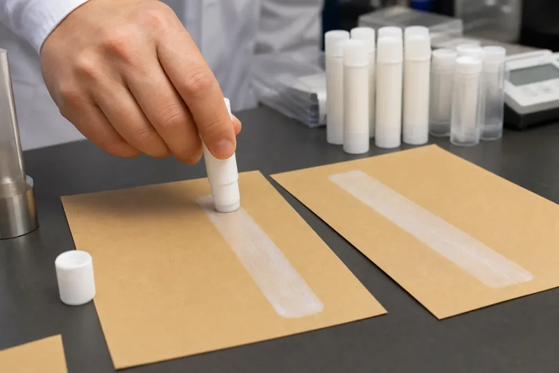 Glide and laydown check on solvent-free glue sticks before retail release