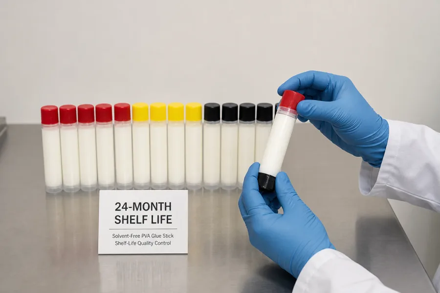 Solvent-free glue stick samples arranged for 24-month shelf-life review.