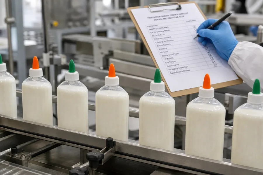 School PVA adhesive bottles inspected against shelf-life release criteria.