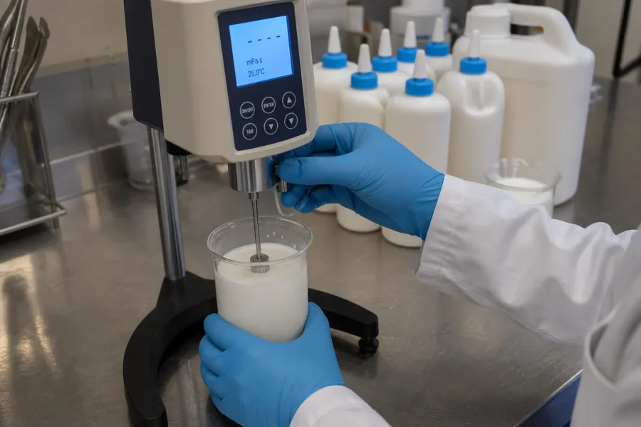 Viscosity stability check on bulk washable school PVA before bottling release