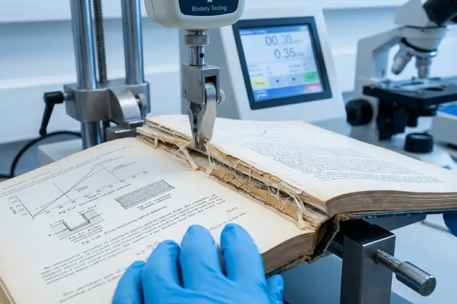 Laboratory page-pull test on a textbook spine demonstrating bindery adhesive qualification.