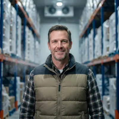 Brian Carter, Logistics Director, in a cold storage warehouse.