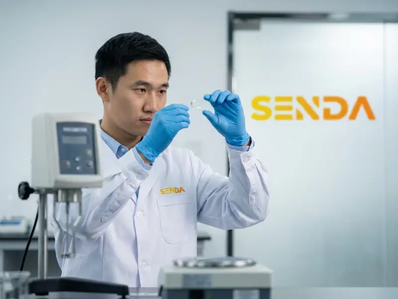 Senda chemist reviewing adhesive samples for viscosity and quality control in the laboratory.