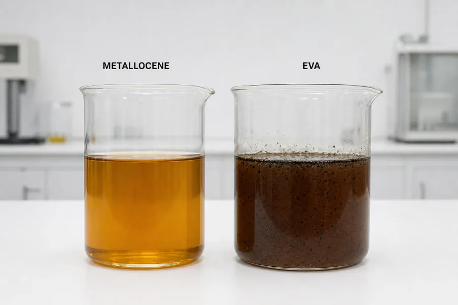 Metallocene and EVA hot-melt adhesive samples compared for thermal stability and char.