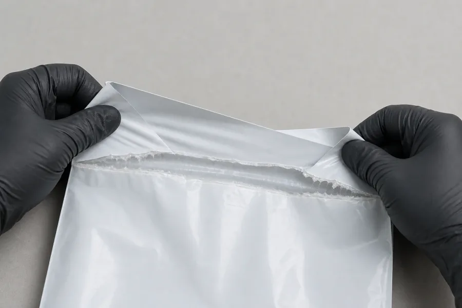 Courier bag seam pulled open to show destructive tear evidence.