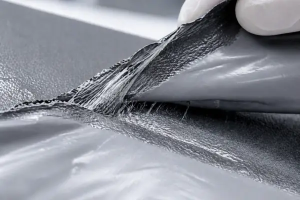 Destructive bond test on recycled polyethylene courier bag showing film tear with high-tack PSA.