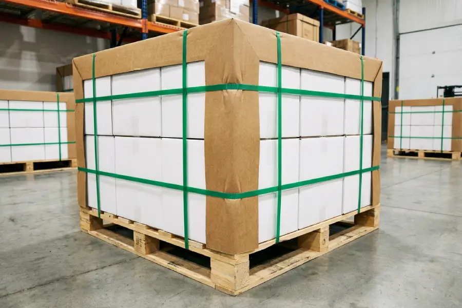 Pallet strapping tension test on laminated V-board edge protectors checking ply integrity.
