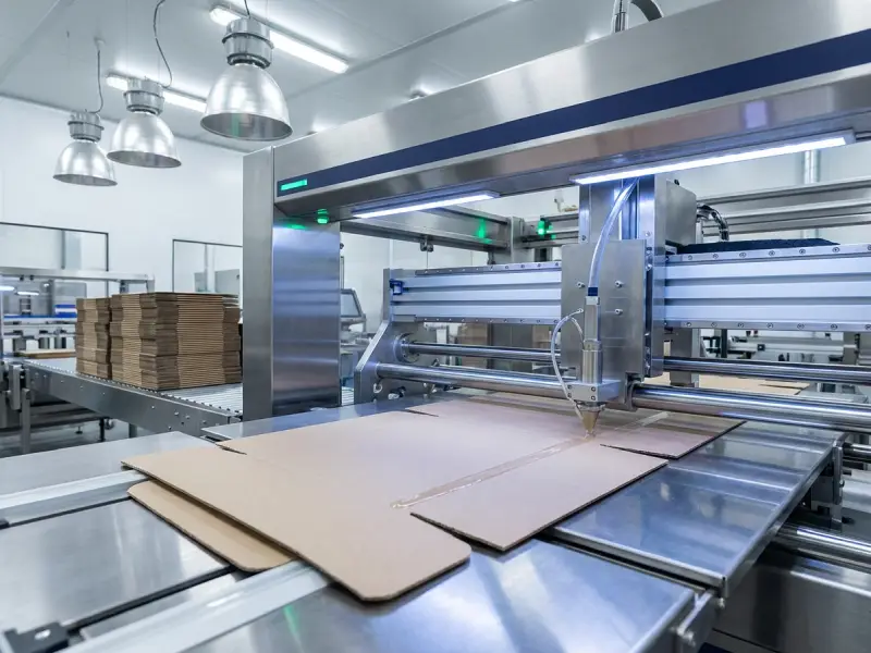 Folding carton side-seam gluing process running on an automated packaging line.