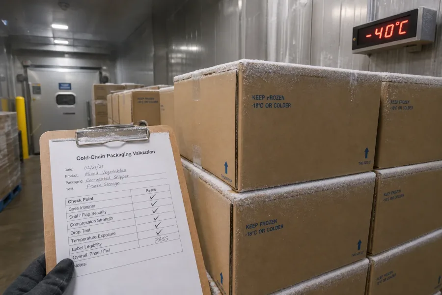 Frozen-food shipping cartons in a cold room with validation checklist.